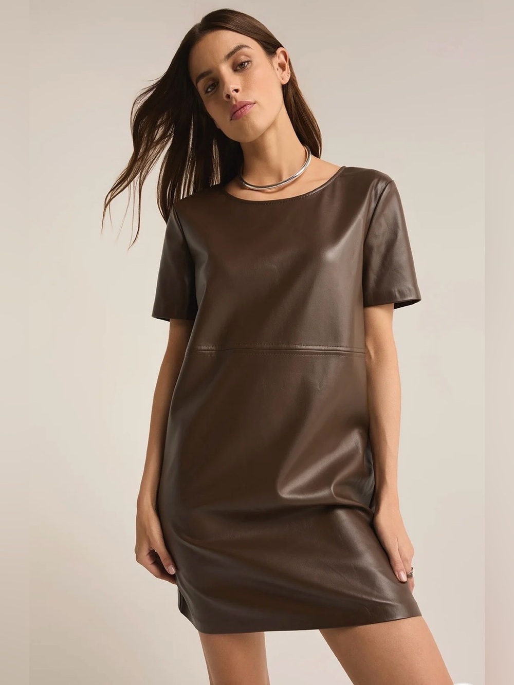 Z Supply Taupe Faux Leather Short Sleeve Shift
